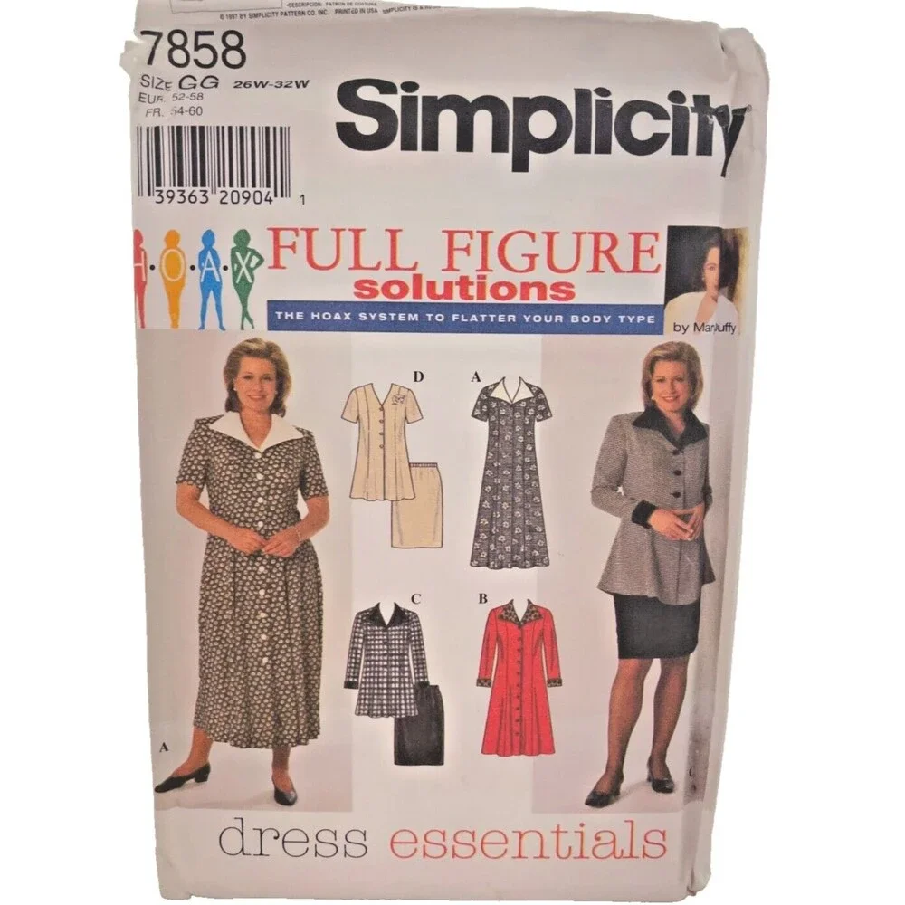 #7858 Simplicity Womens Dress or Top and Skirt Sewing Pattern Size 26W-32W UNCUT